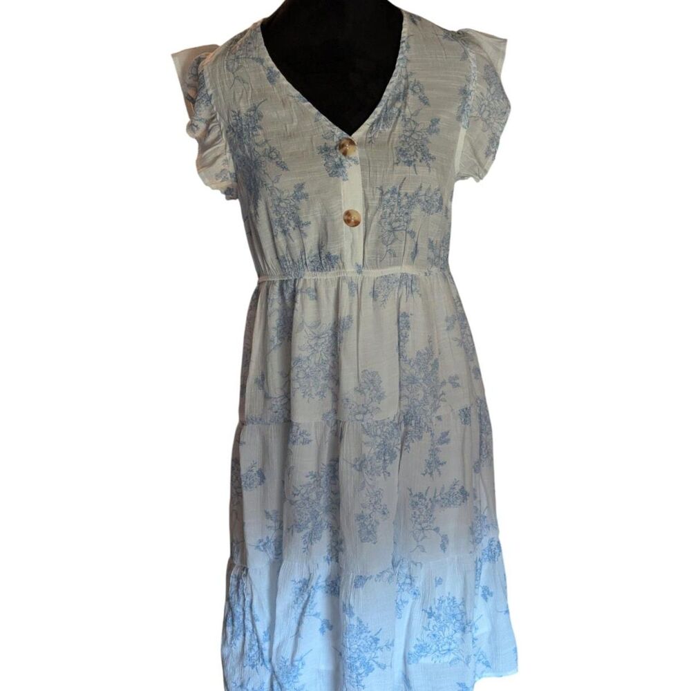 SWEET WANDERER Blue Toile Floral Tiered Maxi Dress Maternity Flutter L